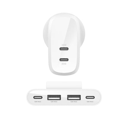 Belkin 60W (30W + 30W) Two Ports USB -C PPS Fast Charging Wall Charger,2M Extender with 4-Port (2 USB -C & 2 USB-A) - NEW