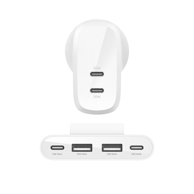 Belkin 60W (30W + 30W) Two Ports USB -C PPS Fast Charging Wall Charger,2M Extender with 4-Port (2 USB -C & 2 USB-A) - NEW