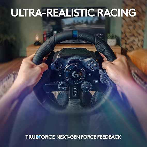 Logitech G923 Racing Wheel and Pedals, TRUEFORCE Feedback, Responsive Driving Design, Dual Clutch Launch Control, Genuine Leather Steering Wheel Cover, for PS5, PS4, PC, Mac - Black - NEW