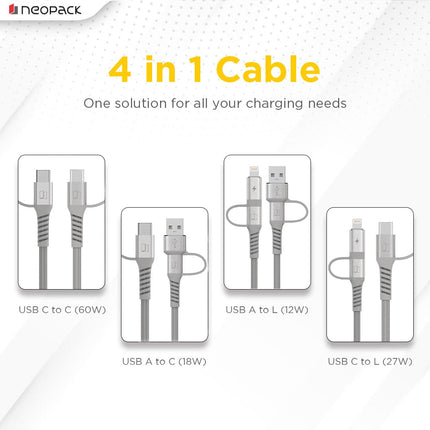 Neopack Almighty 4IN1 Nylon Braided Cable 60W Compatible with Multiple Devices, iPhone 17/16/15/14/13/12 Series/iPad/Smartphones/Tablets/Macbooks/Laptops & More - NEW