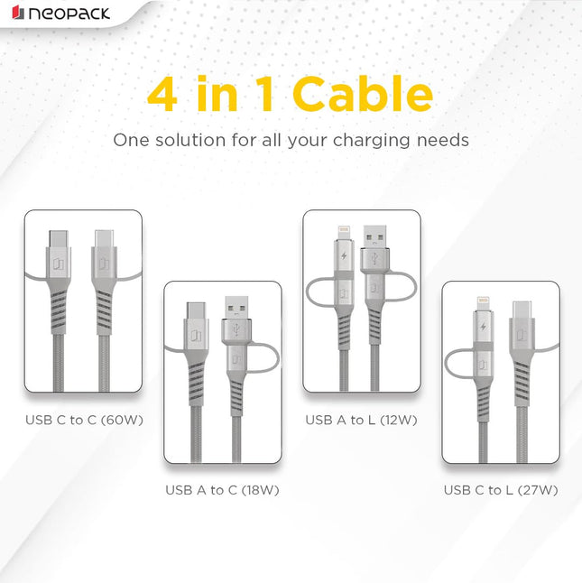 Neopack Almighty 4IN1 Nylon Braided Cable 60W Compatible with Multiple Devices, iPhone 17/16/15/14/13/12 Series/iPad/Smartphones/Tablets/Macbooks/Laptops & More - NEW