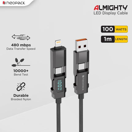 Neopack Almighty 4in1 Nylon Braided Cable 100W with LED Display Compatible with USB-C Laptops, MacBooks, iPhones, iPads, Tablets, Smartphones, and More - NEW