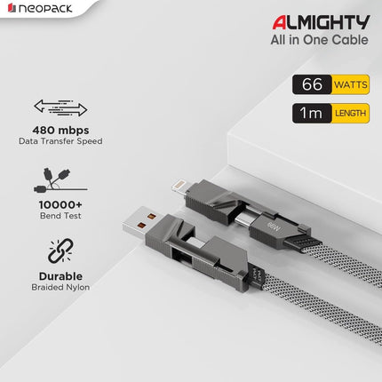 Neopack Almighty 4in1 Nylon Braided Cable 66W Compatible with Multiple Devices, iPhone 17/16/15/14/13/12 Series/iPad/Smartphones/Tablets/Macbooks/Laptops & More (Space Grey, 1M) - NEW