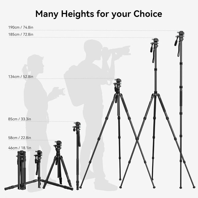 SmallRig CT195 Video Tripod Kit, 73" Camera Tripod with Pan Tilt Fluid Head for Vertical/Horizontal Shooting, Max Load 15kg / 33Ibs for Camcorder, Mirrorless, DSLR - 4307 - Openbox
