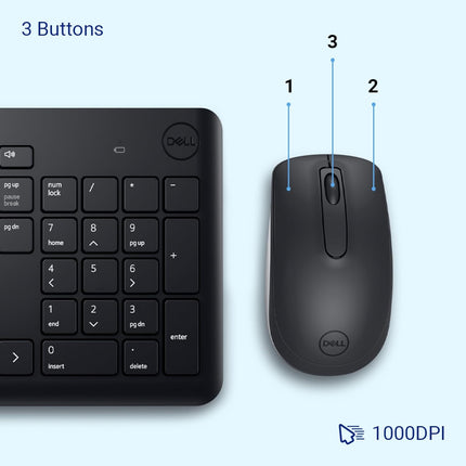 Dell KM3322W Wireless USB Keyboard and Mouse Combo, Anti-Fade & Spill-Resistant Keys, up to 36 Month Battery Life, 3Y Advance Exchange Warranty - Openbox