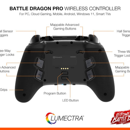 PowerA Battle Dragon™ Pro Wireless Controller with Lumectra for PC & Cloud Gaming: Magnetic Hall Effect, Asymmetric Rumble Motors, 30h Playtime (Not for iOS) - Openbox