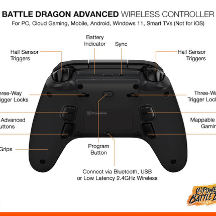 PowerA Battle Dragon™ Advanced Wireless Controller for PC & Cloud Gaming: Magnetic Hall Effect, Asymmetric Rumble Motors, 30h Playtime (Not for iOS)  - Openbox