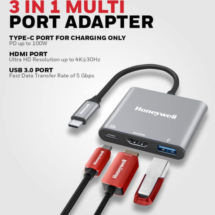 Honeywell High-Speed 3-in-1 Type C to HDMI Adapter, PD Charging Upto100W, USB3.0 Delivers Quick Transfer Speed of 5GBPS, UHD 4K@30Hz, Universally Compatible with All Type C Devices, Aluminium Case - OPENBOX