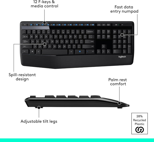 Logitech MK345 Wireless Combo Full-Sized Keyboard with Palm Rest and Comfortable Right-Handed Mouse, 2.4 GHz Wireless USB Receiver, Compatible with PC, Laptop - Openbox