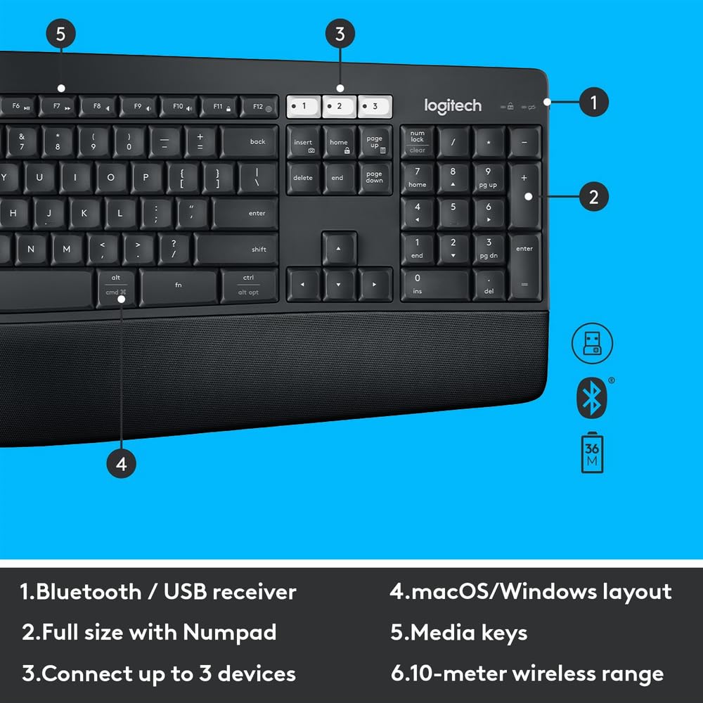 Logitech MK850 Multi-Device Wireless Keyboard and Mouse Set, 2.4GHz Wireless & Bluetooth, Curved Keyframe , 12 Programmable Keys, 3-Year Battery Life, PC/Mac