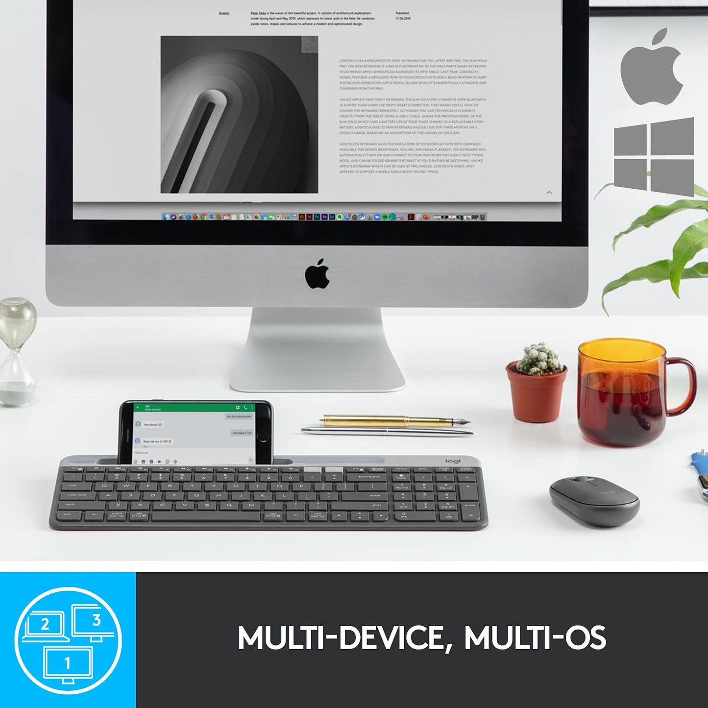 Logitech K580 Slim Multi-Device Wireless Keyboard Bluetooth/Receiver, Compact, Easy Switch, 24 Month Battery, Win/Mac, Desktop, Tablet, Smartphone, Laptop Compatible - Graphite
