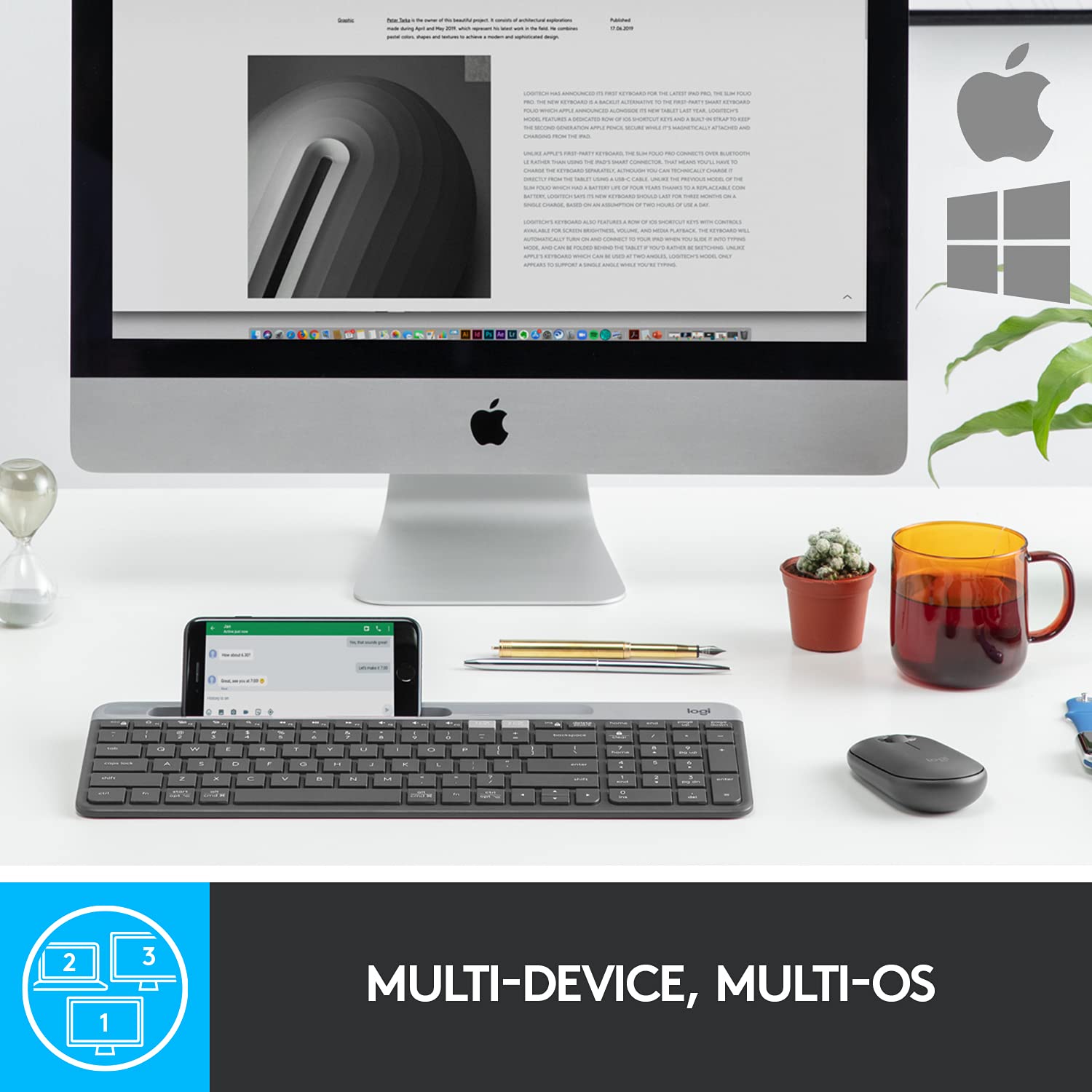 Logitech K580 Slim Multi-Device Wireless Keyboard Bluetooth/Receiver, Compact, Easy Switch, 24 Month Battery, Win/Mac, Desktop, Tablet, Smartphone, Laptop Compatible - Graphite