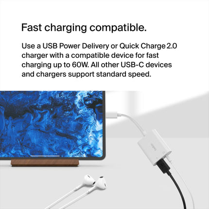 Belkin 3.5mm Audio + USB-C Charge Rockstar Adapter Compatible with up to 60W PD- White - Openbox
