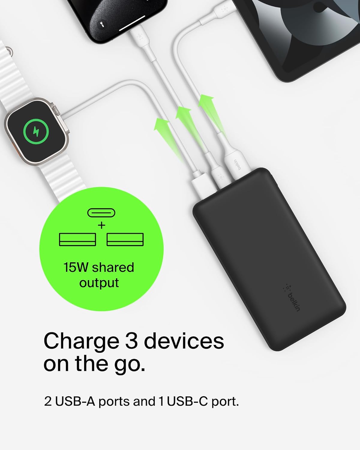 Belkin 20000 mAH Lightweight/Slimmest Power Bank w/ 1 USB-C Port and 2 USB-A Ports | 15W Charging for iPhone Series, Samsung Galaxy, Google Pixel & More | 2 Years Warranty & Upto 2L CEW | Black
