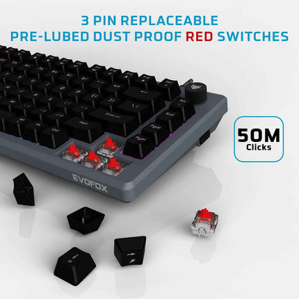 EvoFox Katana X2 TKL Gaming Mechanical Keyboards Wireless –Tri-Mode (BT/2.4G/Wired), Silent Red Switches, 1000Hz Polling Rate, Vivid and Dynamic Backlighting, 4000mAh Battery,Volume Knob (Black) - OPENBOX
