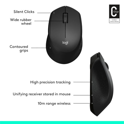Logitech M331 Silent Plus Wireless Mouse, 2.4GHz with USB Nano Receiver, 1000 DPI Optical Tracking, 3 Buttons, 24 Month Battery Life, PC/Mac/Laptop - Openbox