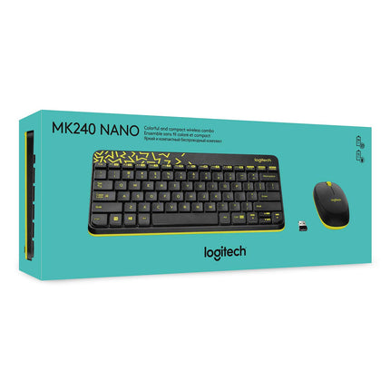 Logitech MK240 Nano Wireless USB Keyboard and Mouse Set, 12 Function Keys 2.4GHz Wireless, 1000DPI, Spill-Resistant Design, PC/Mac, Black - Sealed Pack