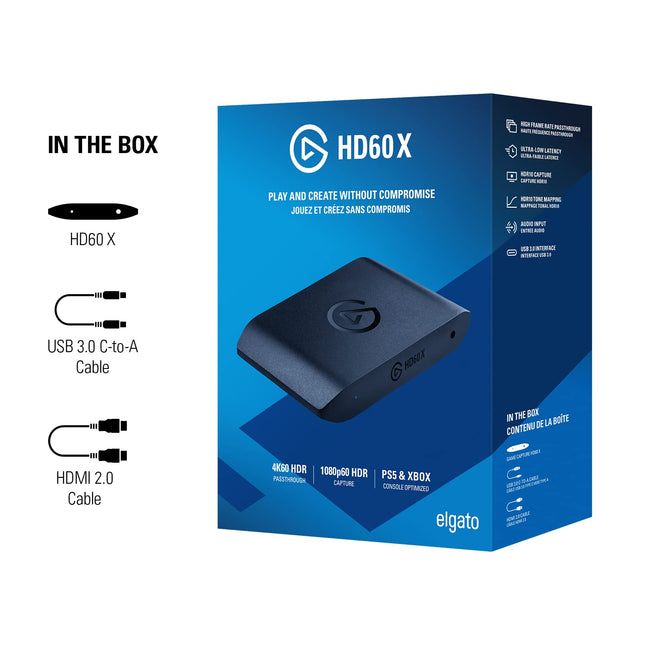 Elgato HD60 X - Stream and Record in 1080p60 HDR10 or 4K30 with Ultra-Low Latency on PS5, PS4/Pro, Xbox Series X/S, Xbox One X/S, in OBS and More, Works with PC and Mac - Openbox