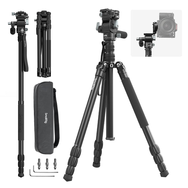 SmallRig CT195 Video Tripod Kit, 73" Camera Tripod with Pan Tilt Fluid Head for Vertical/Horizontal Shooting, Max Load 15kg / 33Ibs for Camcorder, Mirrorless, DSLR - 4307 - Openbox