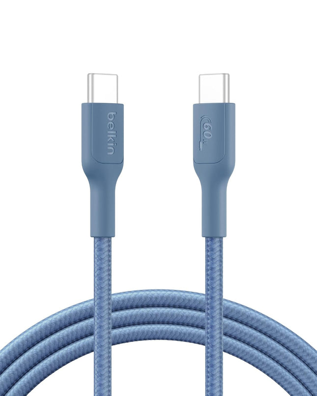 Belkin Apple Certified USB-C to USB-C Braided Nylon Cable 2 Meter | Fast Charging Cable | Type C Charger Cable for iPhone 17, 16, Galaxy S25, Pixel 9, MacBook, iPad Pro | Blue - Openbox