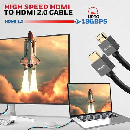 Honeywell HDMI Cable v2.0 with Ethernet, 3D/4K@60Hz Ultra HD Resolution, 2 Mtr, 18 GBPS Transmission Speed, High-Speed, Compatible with all HDMI Devices Laptop Desktop TV Set-top Box Gaming Console - OpenBox