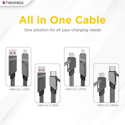 Neopack Almighty 4in1 Nylon Braided Cable 66W Compatible with Multiple Devices, iPhone 17/16/15/14/13/12 Series/iPad/Smartphones/Tablets/Macbooks/Laptops & More (Space Grey, 1M) - NEW