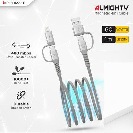 Neopack Almighty 4IN1 Nylon Braided Cable 60W Compatible with Multiple Devices, iPhone 17/16/15/14/13/12 Series/iPad/Smartphones/Tablets/Macbooks/Laptops & More - NEW