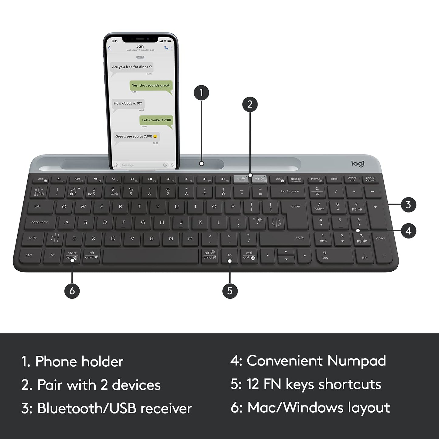 Logitech K580 Slim Multi-Device Wireless Keyboard Bluetooth/Receiver, Compact, Easy Switch, 24 Month Battery, Win/Mac, Desktop, Tablet, Smartphone, Laptop Compatible - Graphite