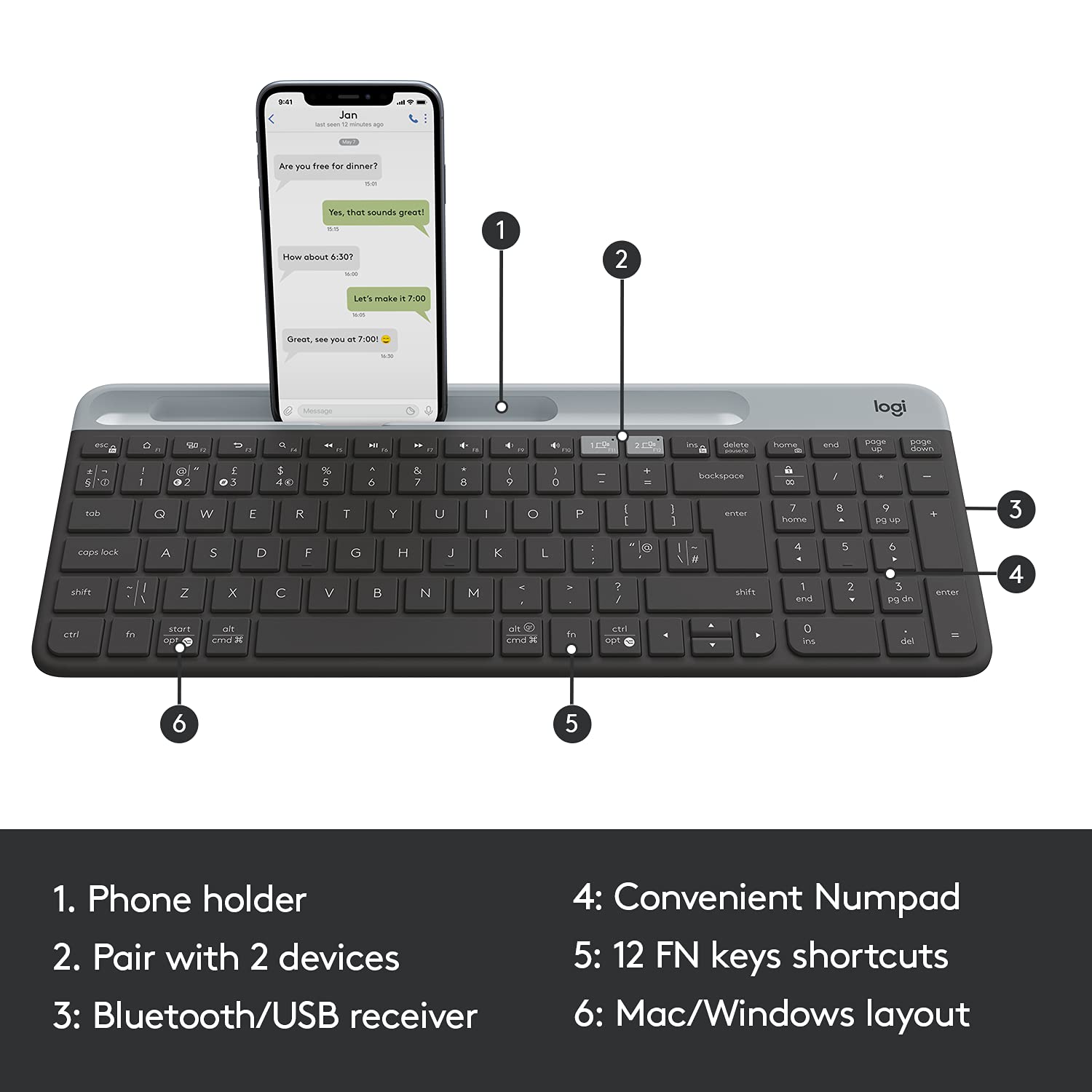 Logitech K580 Slim Multi-Device Wireless Keyboard Bluetooth/Receiver, Compact, Easy Switch, 24 Month Battery, Win/Mac, Desktop, Tablet, Smartphone, Laptop Compatible - Graphite