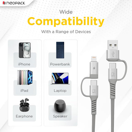 Neopack Almighty 4IN1 Nylon Braided Cable 60W Compatible with Multiple Devices, iPhone 17/16/15/14/13/12 Series/iPad/Smartphones/Tablets/Macbooks/Laptops & More - NEW