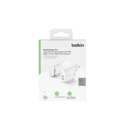 Belkin 60W (30W + 30W) Two Ports USB -C PPS Fast Charging Wall Charger,2M Extender with 4-Port (2 USB -C & 2 USB-A) - NEW
