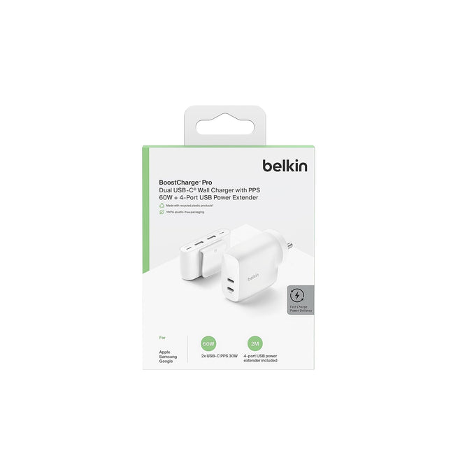 Belkin 60W (30W + 30W) Two Ports USB -C PPS Fast Charging Wall Charger,2M Extender with 4-Port (2 USB -C & 2 USB-A) - NEW