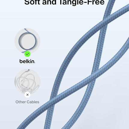 Belkin Apple Certified USB-C to USB-C Braided Nylon Cable 2 Meter | Fast Charging Cable | Type C Charger Cable for iPhone 17, 16, Galaxy S25, Pixel 9, MacBook, iPad Pro | Blue - Openbox