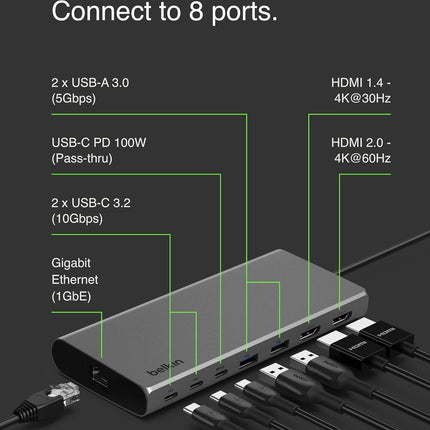 Belkin Universal USB-C 8-in-1 Dual Display Core Hub with 4K Dual Display,10Gbps, Data Transfer, 100W, PD, SiliconMotion, Compatible with MacBook M1, M2, M3, Windows, Chromebook - Openbox