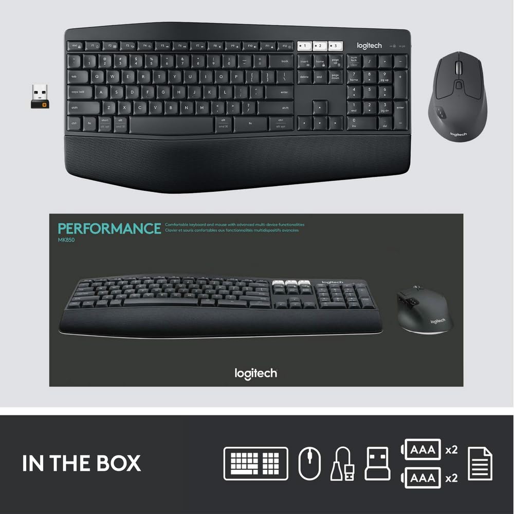 Logitech MK850 Multi-Device Wireless Keyboard and Mouse Set, 2.4GHz Wireless & Bluetooth, Curved Keyframe , 12 Programmable Keys, 3-Year Battery Life, PC/Mac