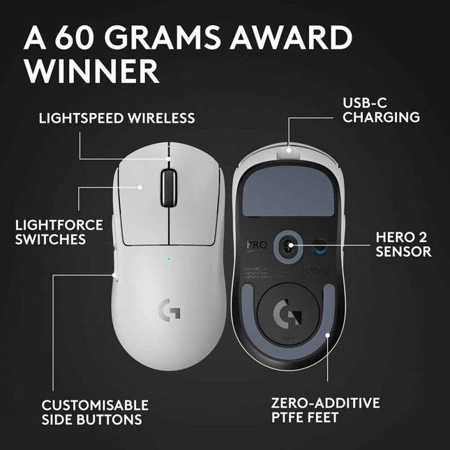 Logitech G PRO X Superlight 2 Lightspeed Wireless Gaming Mouse, 32,000 DPI, 5 Programmable Buttons, USB-C Charging, PC & Mac - White - New Sealed Pack