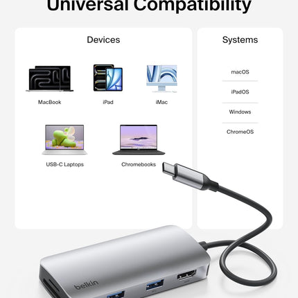 Belkin USB-C Hub, 5-in-1 Multiport Adapter - USB-C Docking Station with 4K HDMI, 2 x USB-A Ports, SD & MicroSD Slot - openbox