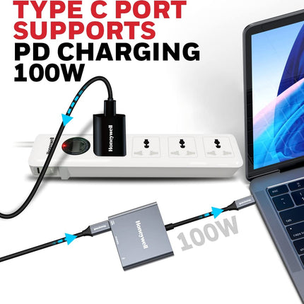 Honeywell High-Speed 3-in-1 Type C to HDMI Adapter, PD Charging Upto100W, USB3.0 Delivers Quick Transfer Speed of 5GBPS, UHD 4K@30Hz, Universally Compatible with All Type C Devices, Aluminium Case - OPENBOX