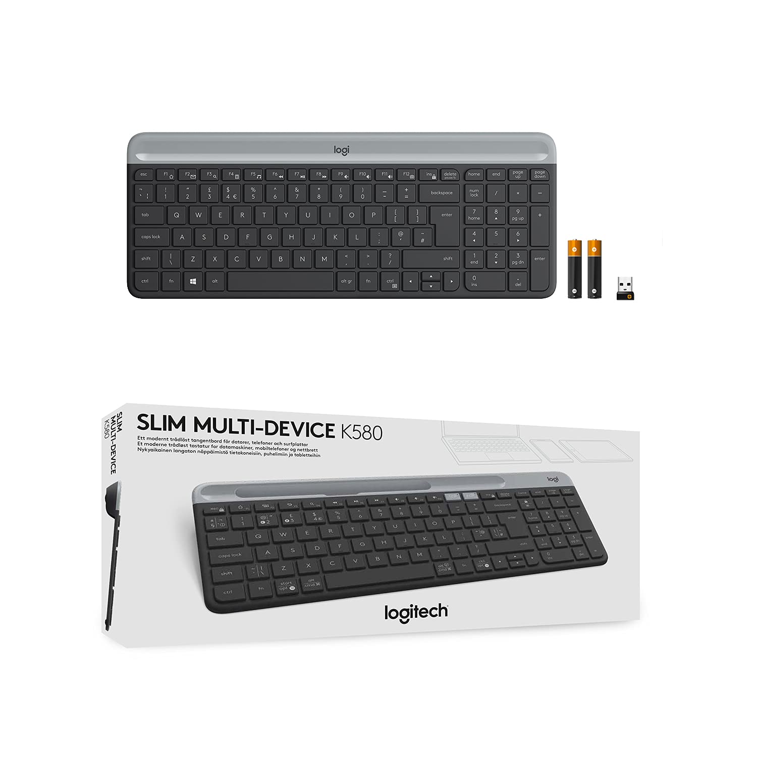 Logitech K580 Slim Multi-Device Wireless Keyboard Bluetooth/Receiver, Compact, Easy Switch, 24 Month Battery, Win/Mac, Desktop, Tablet, Smartphone, Laptop Compatible - Graphite