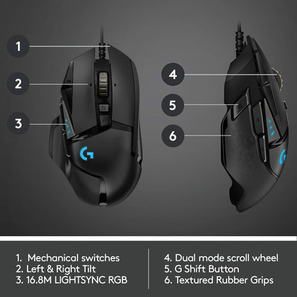 Logitech G502 Hero High Performance Wired USB Gaming Mouse, Hero 25K Sensor, 25,600 DPI, RGB, Adjustable Weights, 11 Programmable Buttons, On-Board Memory, PC/Mac - Black - Openbox