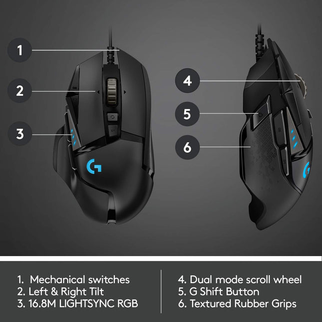 Logitech G502 Hero High Performance Wired USB Gaming Mouse, Hero 25K Sensor, 25,600 DPI, RGB, Adjustable Weights, 11 Programmable Buttons, On-Board Memory, PC/Mac - Black - Openbox