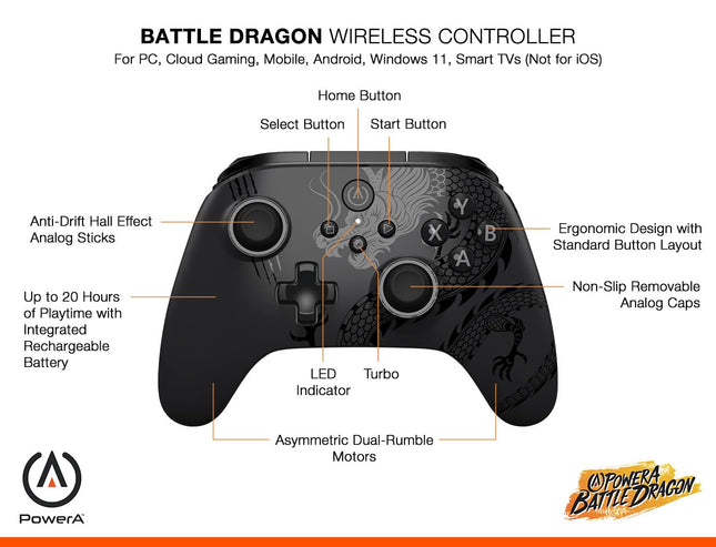 PowerA Battle Dragon™ Wireless Controller for PC and Cloud Gaming: Magnetic Hall Effect, Asymmetric Rumble Motors, 20h Playtime (Not for iOS) - Openbox