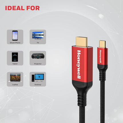 Honeywell Type C to 2.0 HDMI Cable, 4Kx2K@60Hz UHD Resolution, 2 Mtr, 18GBPS Transmission Speed, High-Speed, Male to Male, Compatible with TV, Laptop, Type-C Smartphone, Projector, etc - OPENBOX