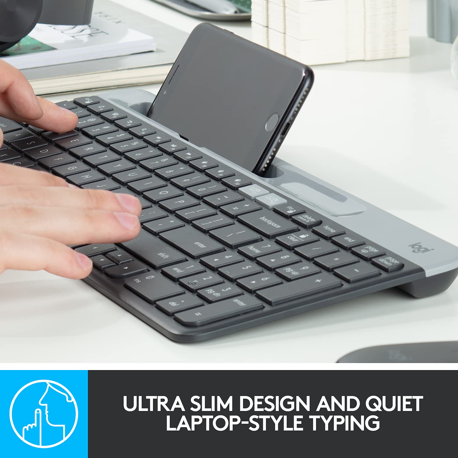 Logitech K580 Slim Multi-Device Wireless Keyboard Bluetooth/Receiver, Compact, Easy Switch, 24 Month Battery, Win/Mac, Desktop, Tablet, Smartphone, Laptop Compatible - Graphite