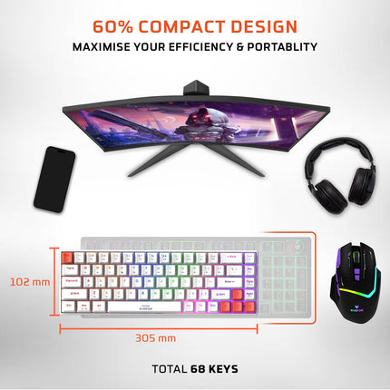 EvoFox Katana S Mini Mechanical Keyboards Wireless | Tri-Mode (3X BT, 2.4GHz & Wired) Connectivity | Hot-Swappable Red Switches | 68-Key Compact Layout | Rainbow Backlight - Openbox