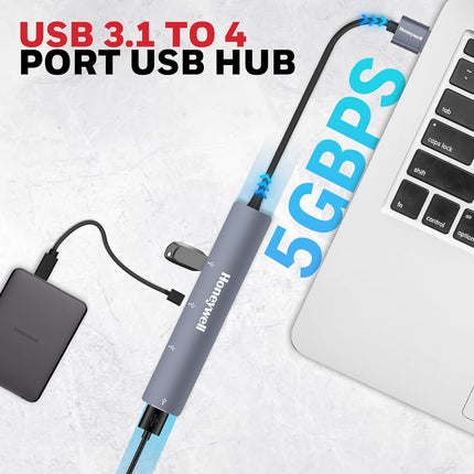 Honeywell Newly Launched 4-in-1 Ultra Slim USB Hub 1xUSB 3.0 & 3 x USB 2.0 Ports, 30cms Cable, DataTransfer Speed Upto 5GBPS - OPENBOX