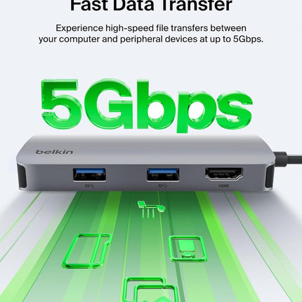 Belkin USB-C Hub, 5-in-1 Multiport Adapter - USB-C Docking Station with 4K HDMI, 2 x USB-A Ports, SD & MicroSD Slot - openbox