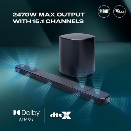 JBL New Bar 1000 MK2, 11.1 (7.1.4) Channel Truly Wireless Soundbar with True Dolby Atmos, MultiBeam Surround Sound, 10” Down-Firing Wireless Subwoofer, HDMI eARC,Wi-Fi+BT,One App, 960W, 2 yrs Warranty - New Sealed Pack