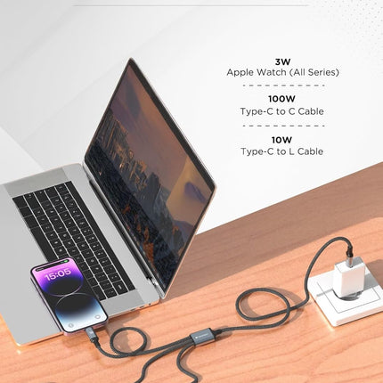 Neopack Smart Link 3in1 Cable with USB-C, Lightning and Apple Watch Connectors 100W Compatible with All Smartphones, iPhones, Tablets, USB-C Enabled Devices and Apple Watch (Black) - NEW