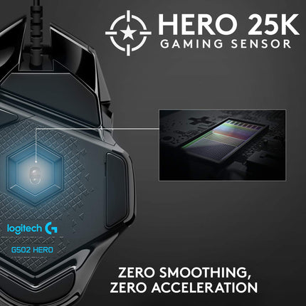 Logitech G502 Hero High Performance Wired USB Gaming Mouse, Hero 25K Sensor, 25,600 DPI, RGB, Adjustable Weights, 11 Programmable Buttons, On-Board Memory, PC/Mac - Black - Openbox